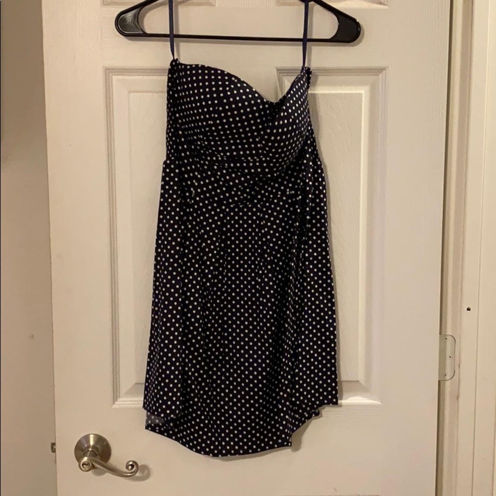 Navy polka dot strapless short dress